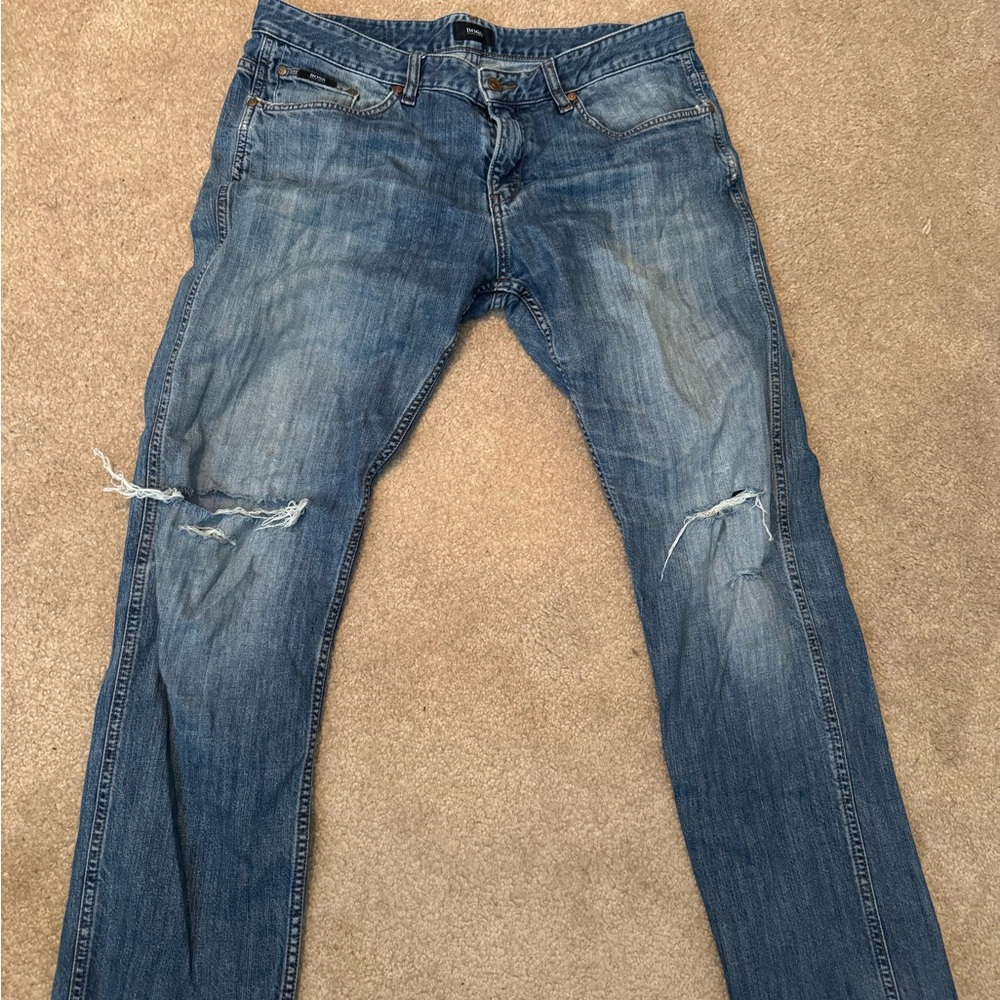 Boss Blue Slim Fit Jeans with Distressed Details